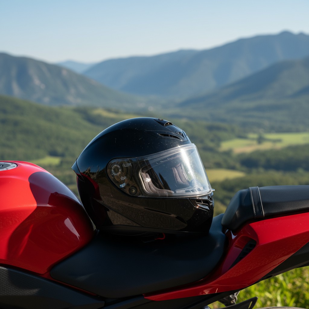 Helmet on motorcycle in the mountains.